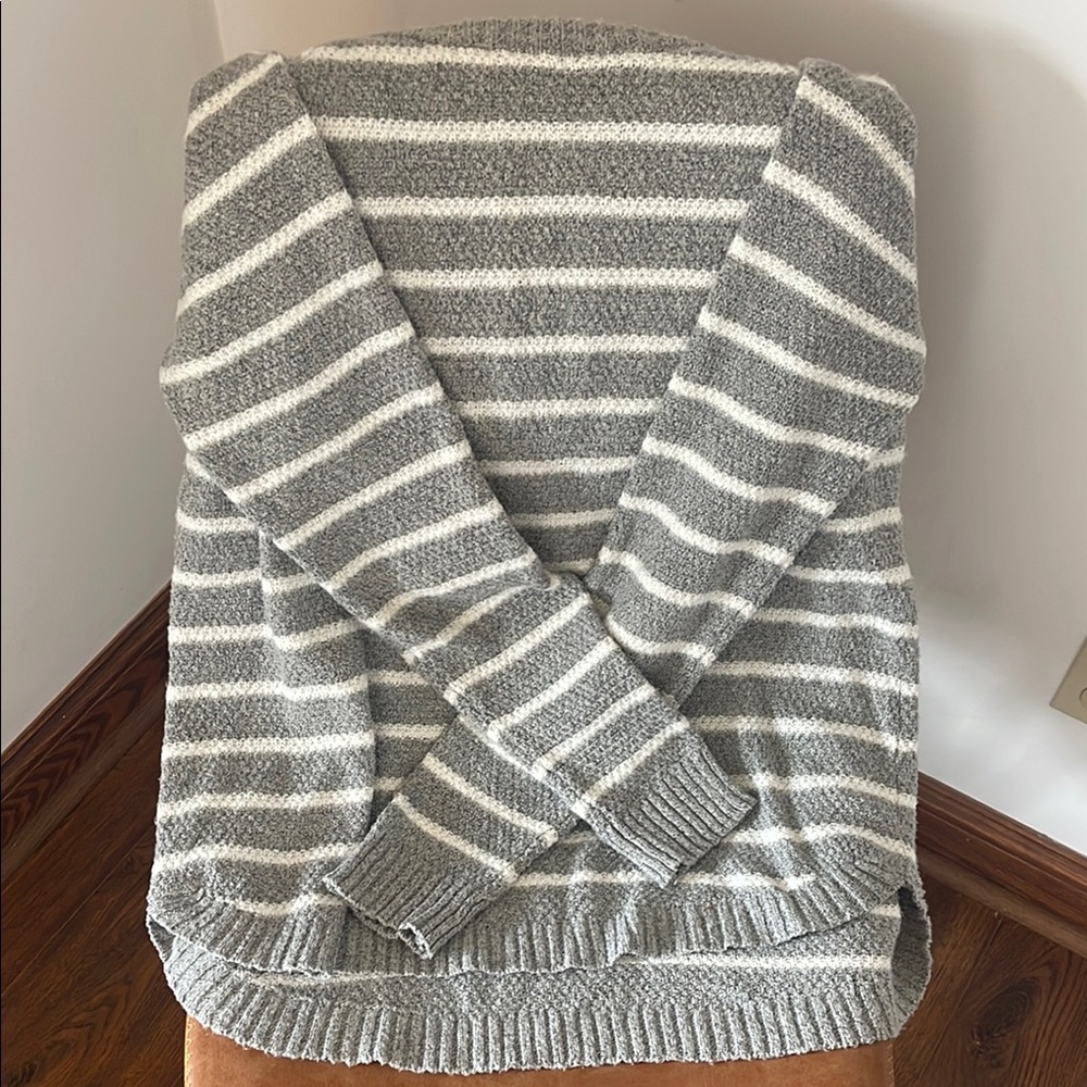 Gray and White Striped Crew Neck Sweater